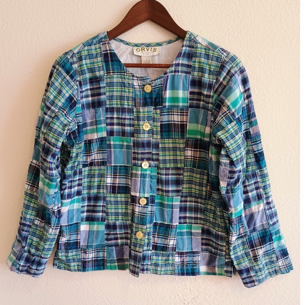 Orvis Vintage Womens S Blue Green Patchwork Plaid Cotton Jacket Shirt Button Up